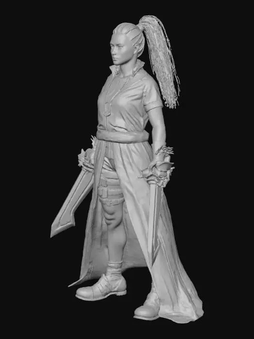 3D model for Ultra realistic Serious Beak fantasy slim tall female assassin, early 20s, athletic muscular hourglass figure, A-pose full body symmetrical. Unreal Engine 5, ZBrush, V-Ray, highest quality, highly detailed, PBR textures, optimized for high-res 3D printing. Hooded face shadowed, long blond ponytail, natural skin, subtle makeup. Black/red colors, glowing veins. Yellow shiny hazmat suit, skimpy yellow t-shirt, black shorts, blue sneakers, tattered cloak, intricate angular armor. Deadpool woman, Hulk, Dwayne Johnson build, Crysis Nanosuit, occult dark outfit, Cthulhu sword. Weapons/tools on belt/backpack, biohazard elements. Watertight mesh, print-ready, sharp edges, natural pose.