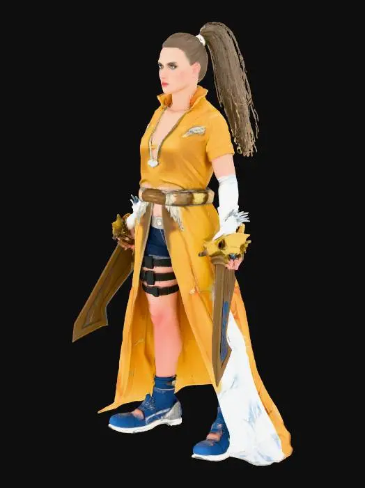 3D model for Ultra realistic Serious Beak fantasy slim tall female assassin, early 20s, athletic muscular hourglass figure, A-pose full body symmetrical. Unreal Engine 5, ZBrush, V-Ray, highest quality, highly detailed, PBR textures, optimized for high-res 3D printing. Hooded face shadowed, long blond ponytail, natural skin, subtle makeup. Black/red colors, glowing veins. Yellow shiny hazmat suit, skimpy yellow t-shirt, black shorts, blue sneakers, tattered cloak, intricate angular armor. Deadpool woman, Hulk, Dwayne Johnson build, Crysis Nanosuit, occult dark outfit, Cthulhu sword. Weapons/tools on belt/backpack, biohazard elements. Watertight mesh, print-ready, sharp edges, natural pose.