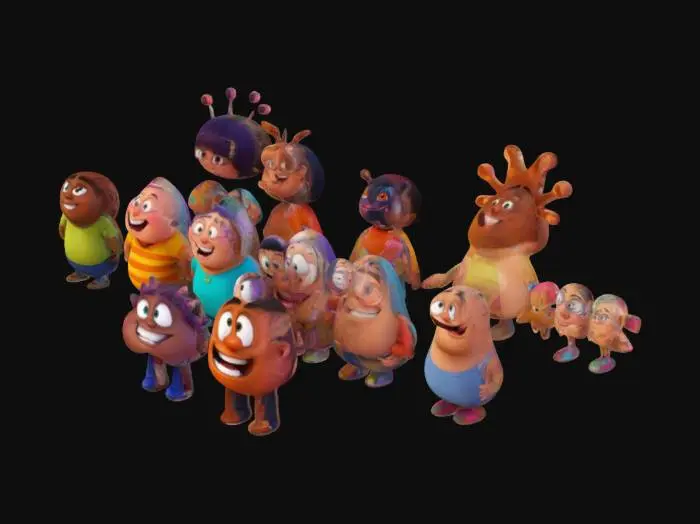 3D model for The image depicts an animated crowd of diverse cartoon characters with smooth, rounded features and soft, vibrant colors., 