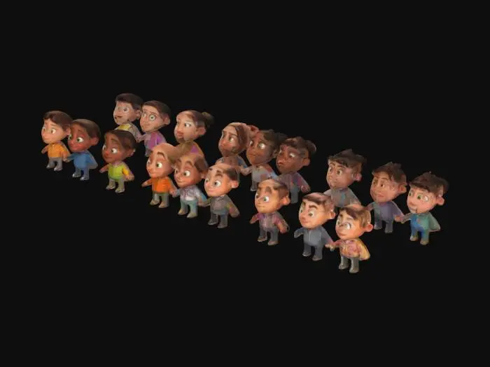3D model for The image depicts an animated crowd of diverse cartoon characters with smooth, rounded features and soft, vibrant colors., 
