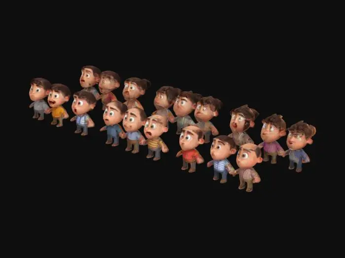 3D model for The image depicts an animated crowd of diverse cartoon characters with smooth, rounded features and soft, vibrant colors., 