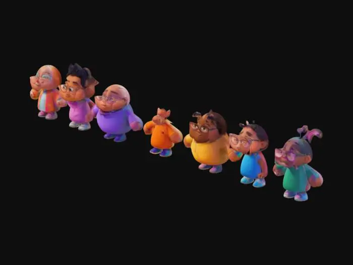 3D model for The image depicts an animated crowd of diverse cartoon characters with smooth, rounded features and soft, vibrant colors., 