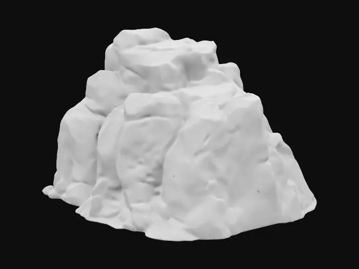 3D model for The object is a large, highly detailed , Ultra Realistic, rugged rock formation with a blocky geometry, featuring jagged surfaces and a textured mix of earthy brown and green hues.