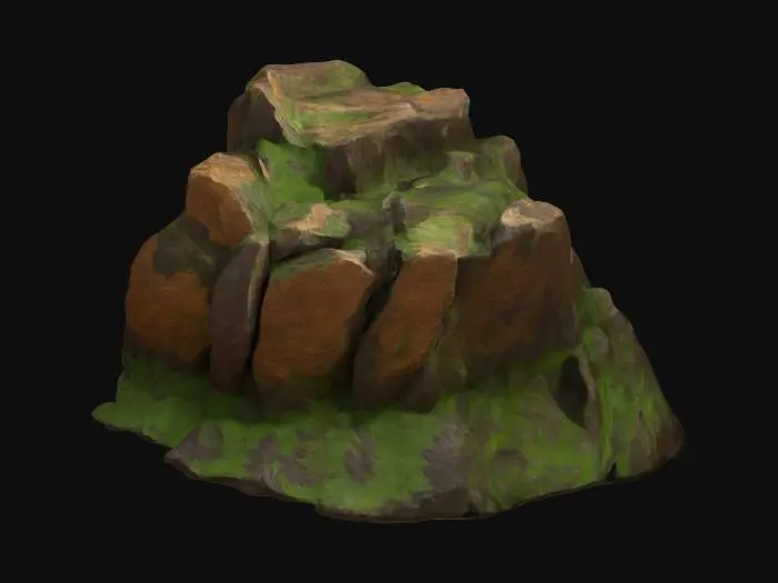 3D model for The object is a large, highly detailed , Ultra Realistic, rugged rock formation with a blocky geometry, featuring jagged surfaces and a textured mix of earthy brown and green hues.