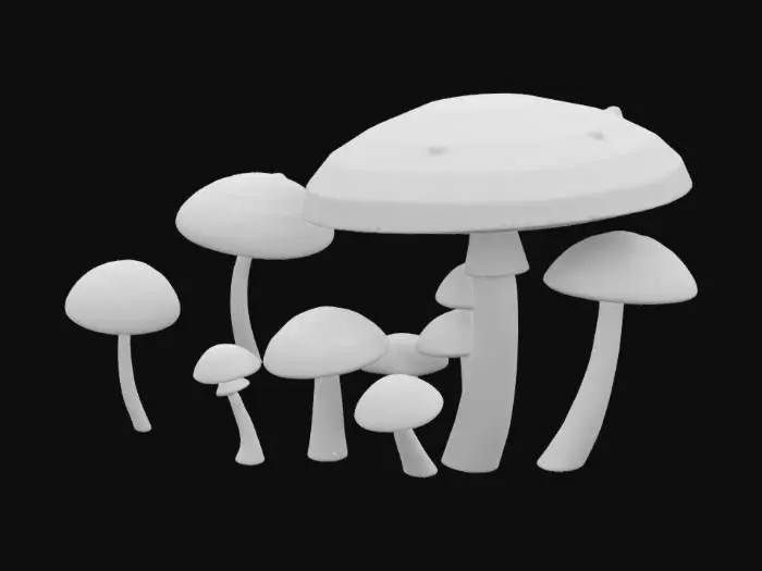 3D model for An 3d model of a clearing in a dark horrible forest, uncultivated, at night, dark, crowded with glowing magical red mushroomsith wite polka dots , horrifing magical, wild, impenetrable, Depth of Field, overgrown, grim, foggy, very detailed,.