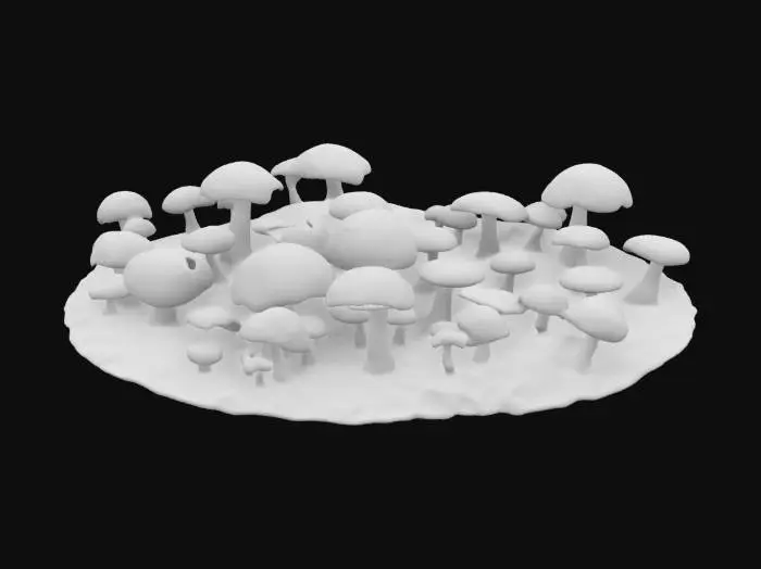3D model for An 3d model of a clearing in a dark horrible forest, uncultivated, at night, dark, crowded with glowing magical red mushroomsith wite polka dots , horrifing magical, wild, impenetrable, Depth of Field, overgrown, grim, foggy, very detailed,.