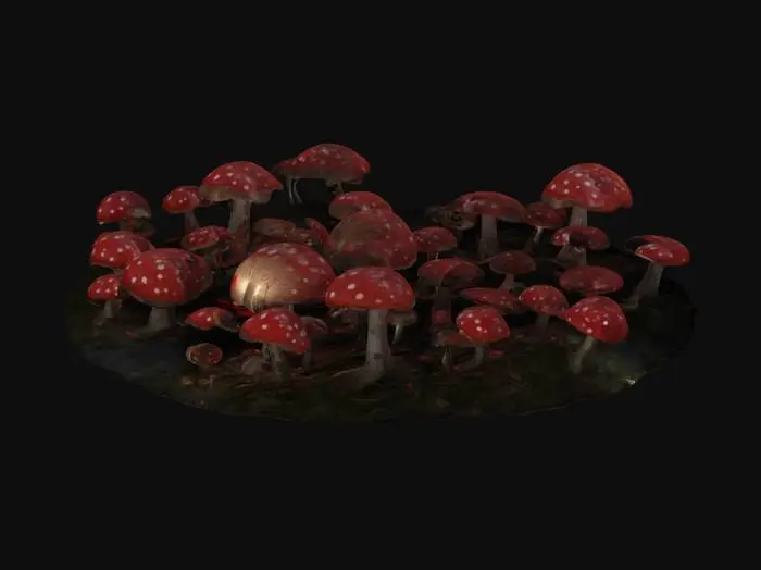 3D model for An 3d model of a clearing in a dark horrible forest, uncultivated, at night, dark, crowded with glowing magical red mushroomsith wite polka dots , horrifing magical, wild, impenetrable, Depth of Field, overgrown, grim, foggy, very detailed,.
