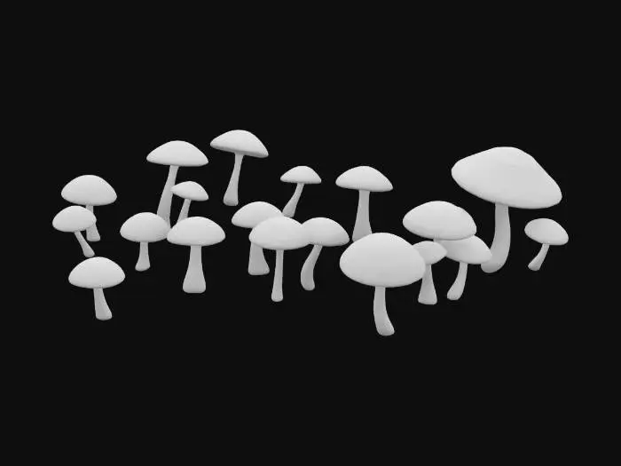 3D model for An 3d model of a clearing in a dark horrible forest, uncultivated, at night, dark, crowded with glowing magical red mushroomsith wite polka dots , horrifing magical, wild, impenetrable, Depth of Field, overgrown, grim, foggy, very detailed,.