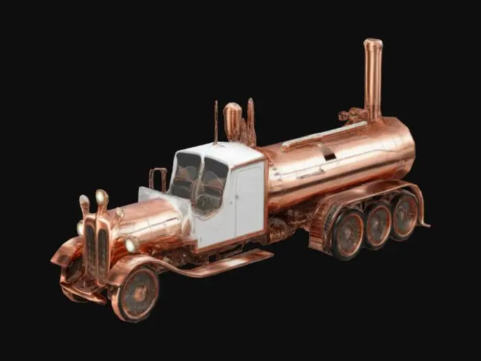 3D model for Steampunk, very long vehicle, copper, highly detailed, polished, shiny, with blue cauges