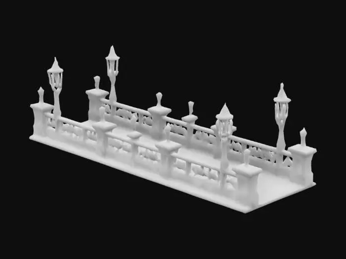 3D model for Extremely Detailed, steamunk cobble road with at both sides a railing and lanterns