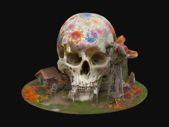 3D model for A giant skull, dominating the center-left of the image, is adorned with colorful floral flower patterns. A small  person sits on the skull's top, painting it. There is a miniature garden and rural scene built around it. A small house and windmill stand in the background.  Animals, such as chickens and a donkey-like creature, are visible. A woman, dressed in a long dress, is tending a garden plot near the skull.  The background is diminishing in detail.  A ladder rests against the skull's side.  