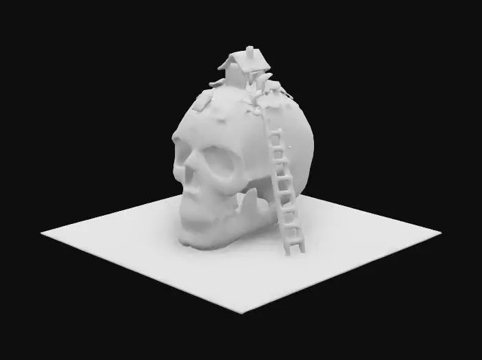 3D model for A giant skull, dominating the center-left of the image, is adorned with colorful floral flower patterns. A small  person sits on the skull's top, painting it. There is a miniature garden and rural scene built around it. A small house and windmill stand in the background.  Animals, such as chickens and a donkey-like creature, are visible. A woman, dressed in a long dress, is tending a garden plot near the skull.  The background is diminishing in detail.  A ladder rests against the skull's side.  