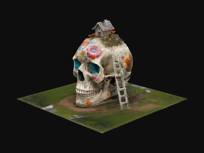 3D model for A giant skull, dominating the center-left of the image, is adorned with colorful floral flower patterns. A small  person sits on the skull's top, painting it. There is a miniature garden and rural scene built around it. A small house and windmill stand in the background.  Animals, such as chickens and a donkey-like creature, are visible. A woman, dressed in a long dress, is tending a garden plot near the skull.  The background is diminishing in detail.  A ladder rests against the skull's side.  