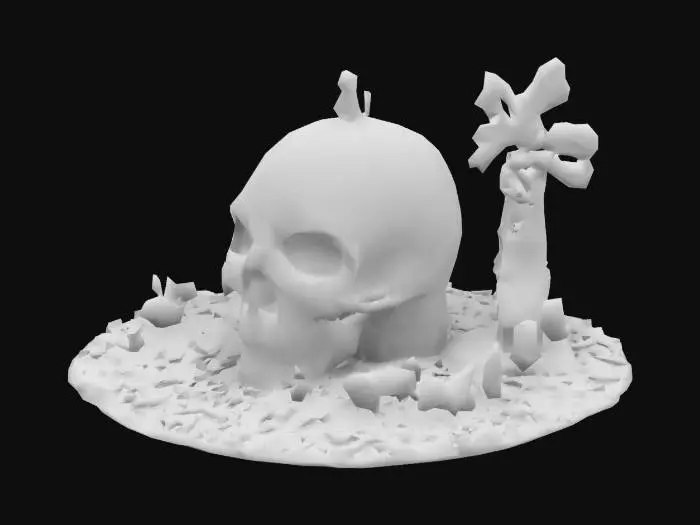 3D model for A giant skull, dominating the center-left of the image, is adorned with colorful floral flower patterns. A small  person sits on the skull's top, painting it. There is a miniature garden and rural scene built around it. A small house and windmill stand in the background.  Animals, such as chickens and a donkey-like creature, are visible. A woman, dressed in a long dress, is tending a garden plot near the skull.  The background is diminishing in detail.  A ladder rests against the skull's side.  