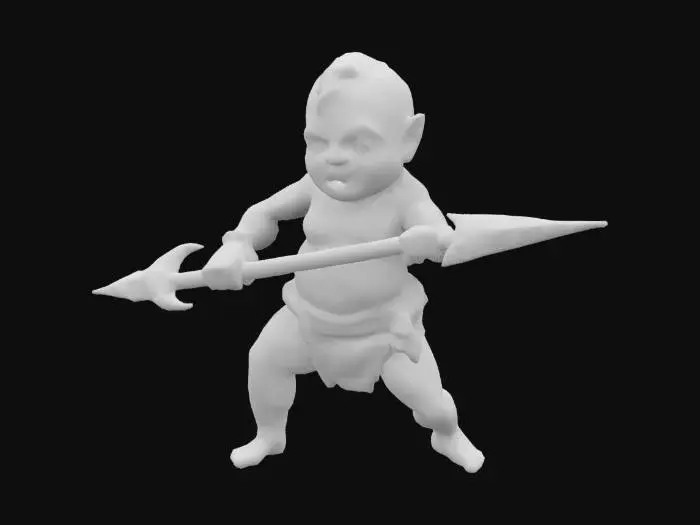 3D model for #game figure# A fierceful Baby in nappies,  with a long fantasy spear with double blades, in Attack position.  The halbert has runes on it. The halbert has copper features.  Fantasy, Highly Detailed, Ultra Realistic, Symmetrical Body, Full Body, high quality