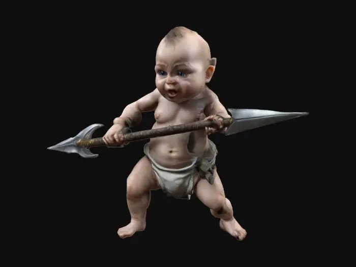 3D model for #game figure# A fierceful Baby in nappies,  with a long fantasy spear with double blades, in Attack position.  The halbert has runes on it. The halbert has copper features.  Fantasy, Highly Detailed, Ultra Realistic, Symmetrical Body, Full Body, high quality
