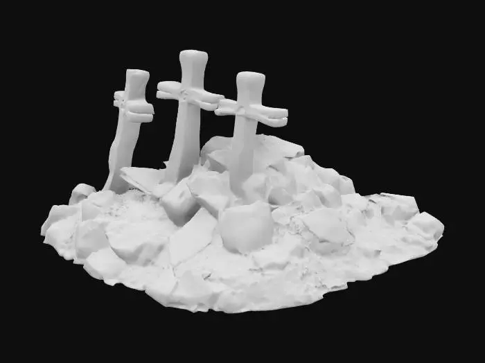 3D model for Biblical, Highly Detailed, Ultra Realistic, Extreme high quality, Three extreme Rough, brown shiny wooden crosses on a rocky hill. 