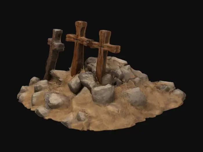 3D model for Biblical, Highly Detailed, Ultra Realistic, Extreme high quality, Three extreme Rough, brown shiny wooden crosses on a rocky hill. 