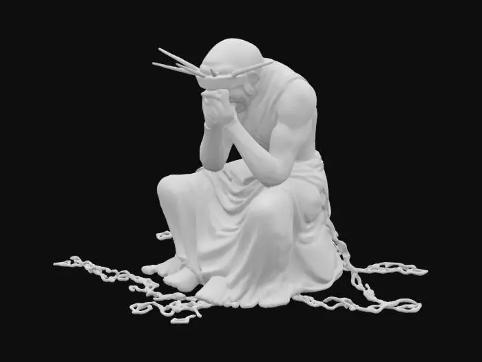 3D model for the Statue of Liberty sits slumped at the base of her pedestal, her head bowed and hands covering her face in despair. Broken chains lie scattered at her feet. 
