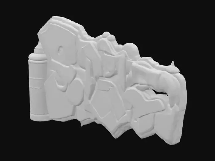 3D model for Stylized, Highly Detailed graffity spray can drawing with vibrant colors on a weathered stone wall. 