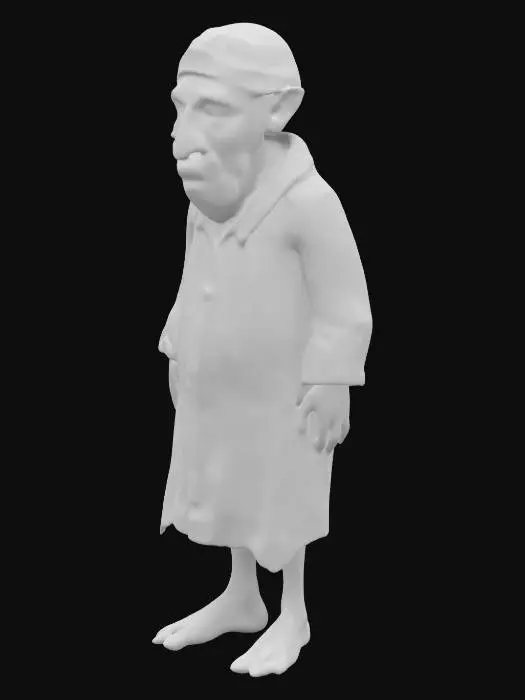3D model for The character ebenezer scrooge wears a nigtgown and a nightcap.
His head is long and looks creepy.  His has a crooked long nose.
A small part of the legs stick underneath the nightgown. He goes bare foot
