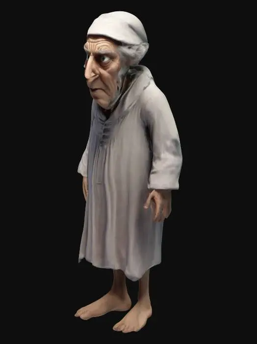 3D model for The character ebenezer scrooge wears a nigtgown and a nightcap.
His head is long and looks creepy.  His has a crooked long nose.
A small part of the legs stick underneath the nightgown. He goes bare foot
