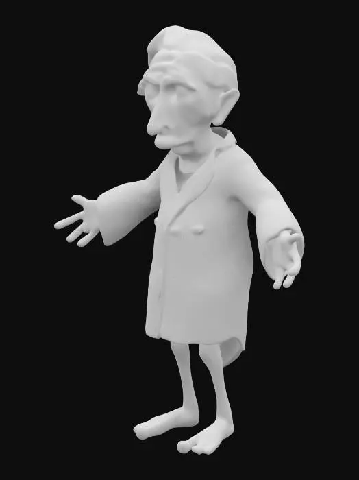 3D model for The character ebenezer scrooge wears a nigtgown and a nightcap. His arms wide.
His head is long and looks creepy.  His has a crooked long nose.
A small part of the legs stick underneath the nightgown. He goes bare foot
