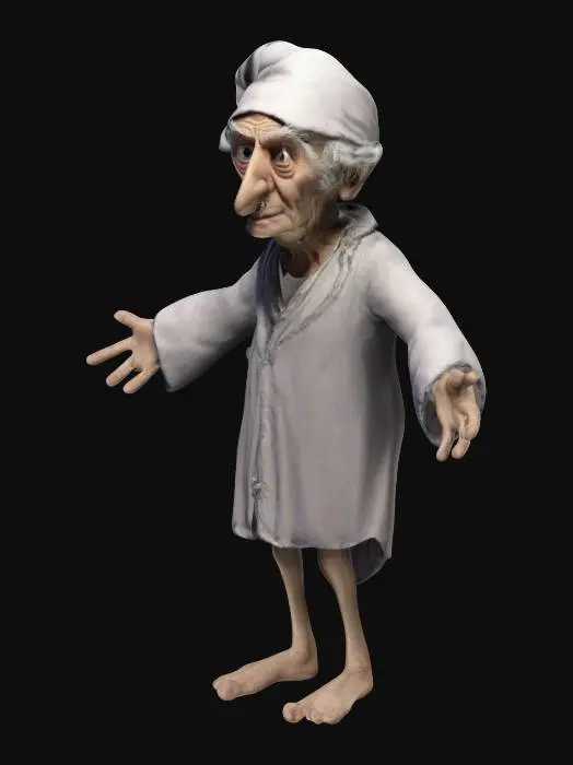 3D model for The character ebenezer scrooge wears a nigtgown and a nightcap. His arms wide.
His head is long and looks creepy.  His has a crooked long nose.
A small part of the legs stick underneath the nightgown. He goes bare foot
