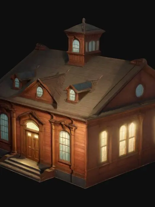 3D model for A cartoon of a victorian school.Light shines behind the windows