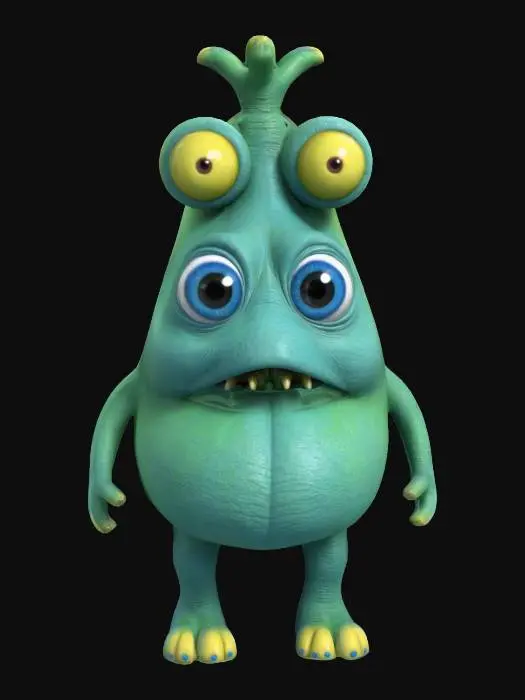 3D model for The object is a smooth, green creature with a cone-like body, two blue large eyes stacked vertically one one the forhead and one above the mouth, outstretched limbs, the hands have 3 fingers and no thumb, a wide mouth, and a small yellow protrusion on its head.  The legs are two colums like elephant paws with no feet or toes, Highly Detailed, 