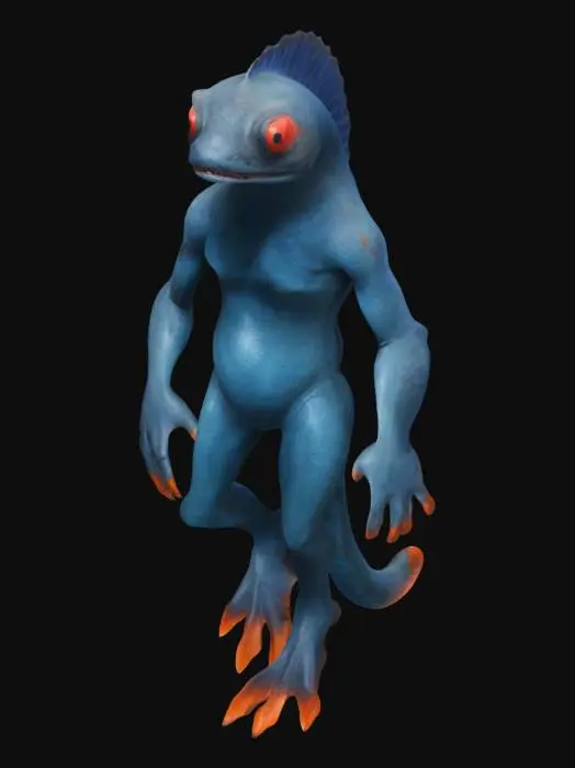 3D model for a large seacreature, boydy, arms and legs are covered with scales, webben  hands and feet