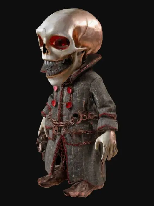 3D model for The object is a detailed figurine of a ghostly figure with a wide open mouth, wearing a layered coat with buttons, bound in chains featuring various locks and keys, and has a textured surface resembling aged, worn fabric and metal.