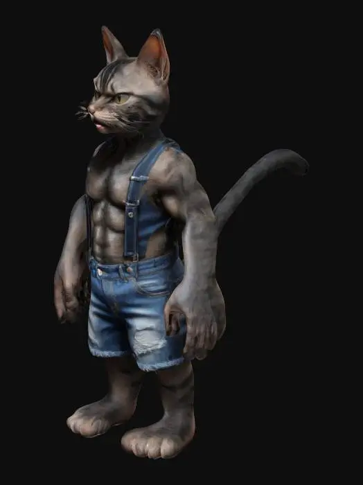 3D model for Cat,, A-pose,  Ultra Realistic, with a body full of muscles, with an angry but cute and adorable expression, wearing  a denim ragged short with  broad, Leather,  suspenders
