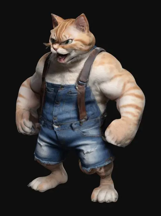 3D model for Cat,, A-pose,  Ultra Realistic, with a body full of muscles, with an angry but cute and adorable expression, wearing  a denim ragged short with  broad, Leather,  suspenders