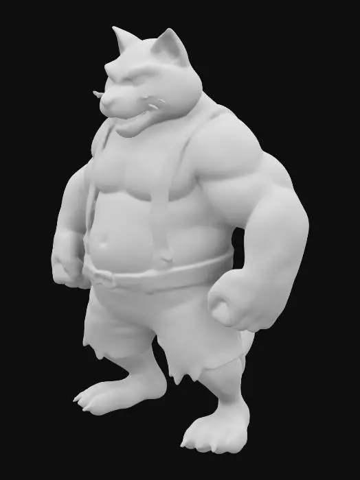 3D model for Cat,, A-pose,  Ultra Realistic, with a body full of muscles, with an angry but cute and adorable expression, wearing  a denim ragged short with  broad, Leather,  suspenders