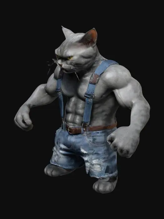 3D model for Cat,, A-pose,  Ultra Realistic, with a body full of muscles, with an angry but cute and adorable expression, wearing  a denim ragged short with  broad, Leather,  suspenders