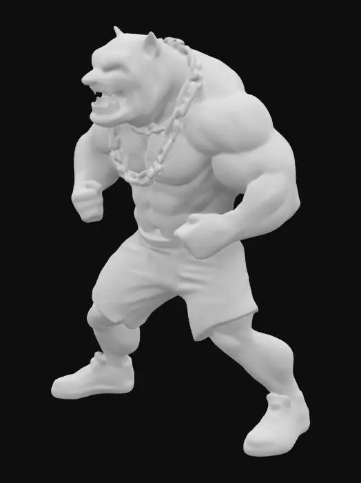 3D model for Bulldog, humanoid A-pose, Ultra Realistic, extreme muscular, an angry  expression, showing  fierce teeth, wearing sports pants, sport shoes and around his nek polische metal chains 