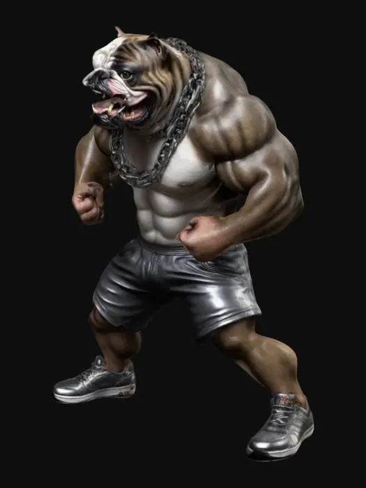 3D model for Bulldog, humanoid A-pose, Ultra Realistic, extreme muscular, an angry  expression, showing  fierce teeth, wearing sports pants, sport shoes and around his nek polische metal chains 