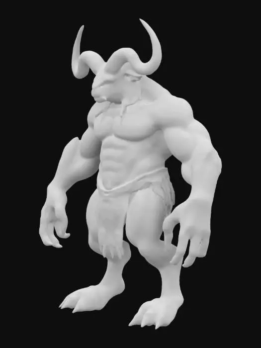 3D model for The object is a human hybrid criptid, extreme musular, horns, hooves, long body hair and  spotted three colored
