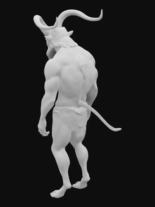 3D model for The object is a human hybrid criptid, extreme musular, horns, hooves, long body hair and  spotted three colored