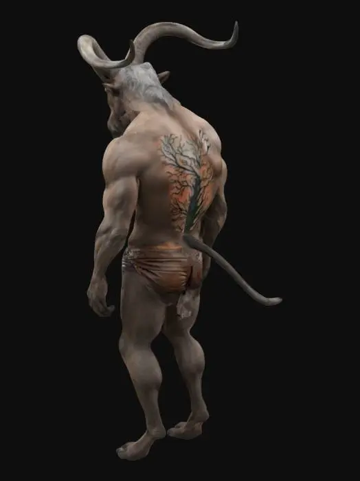 3D model for The object is a human hybrid criptid, extreme musular, horns, hooves, long body hair and  spotted three colored