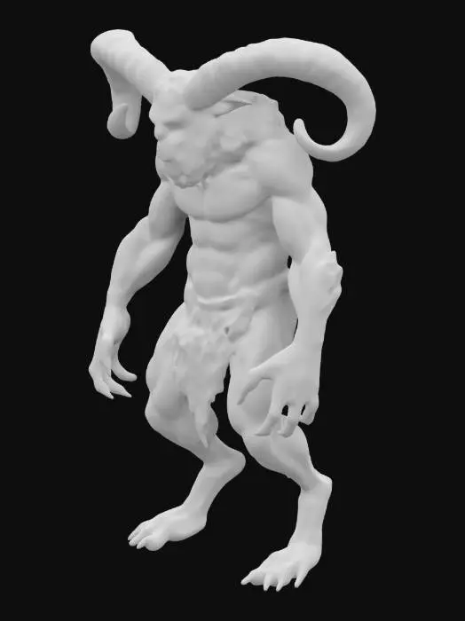 3D model for The object is a human hybrid criptid, extreme musular, horns, hooves, long body hair and  spotted three colored