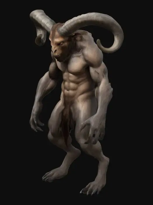 3D model for The object is a human hybrid criptid, extreme musular, horns, hooves, long body hair and  spotted three colored