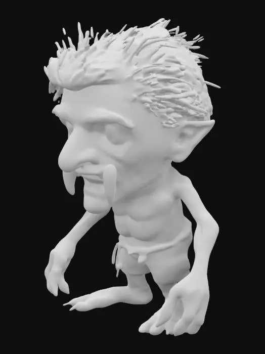 3D model for The object is a , Highly Detailed, cartoonish, exaggerated old humanoid man with one head, white, wild hair, heavy brows and little beard, large expressive eyes, tree large upper teeth in slightly open mouth,elongated thin limbs, great hands, and a textured, ragged appearance to its trousers. and belt. Skinny, muscular, bare chested.