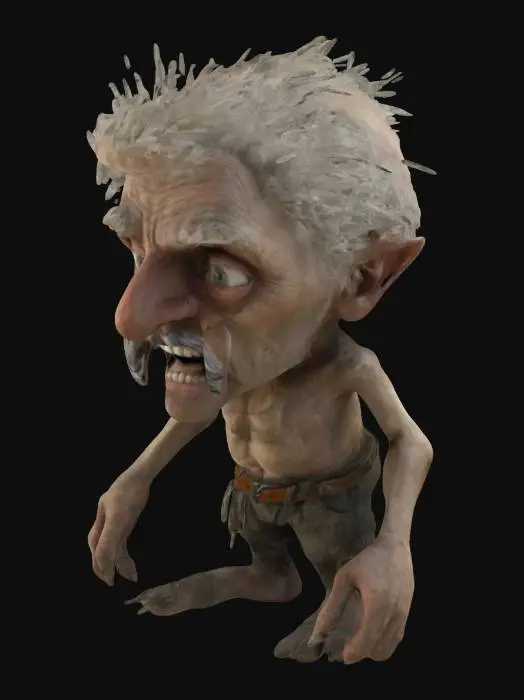 3D model for The object is a , Highly Detailed, cartoonish, exaggerated old humanoid man with one head, white, wild hair, heavy brows and little beard, large expressive eyes, tree large upper teeth in slightly open mouth,elongated thin limbs, great hands, and a textured, ragged appearance to its trousers. and belt. Skinny, muscular, bare chested.