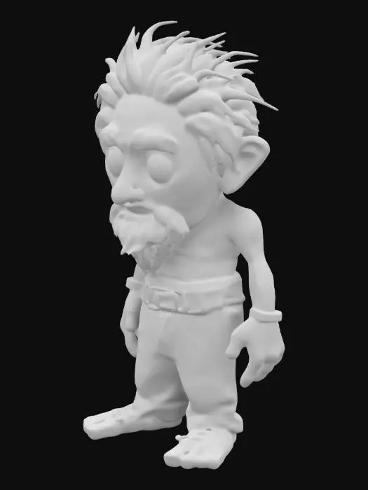 3D model for The object is a , Highly Detailed, cartoonish, exaggerated old humanoid man with one head, white, wild hair, heavy brows and little beard, large expressive eyes, tree large upper teeth in slightly open mouth,elongated thin limbs, great hands, and a textured, ragged appearance to its trousers. and belt. Skinny, muscular, bare chested.