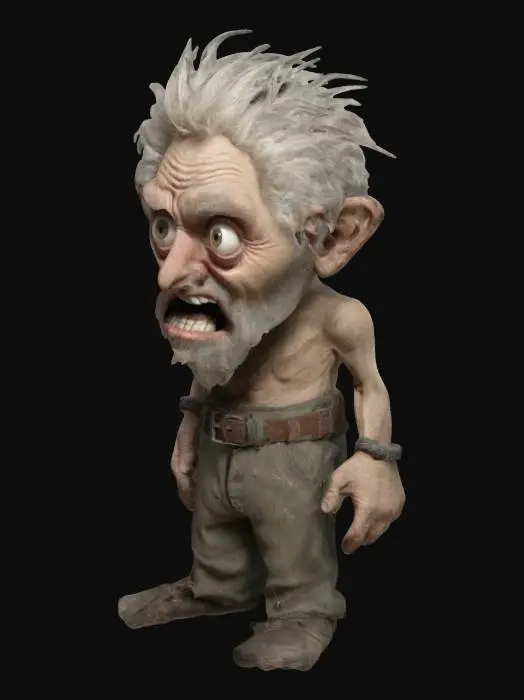 3D model for The object is a , Highly Detailed, cartoonish, exaggerated old humanoid man with one head, white, wild hair, heavy brows and little beard, large expressive eyes, tree large upper teeth in slightly open mouth,elongated thin limbs, great hands, and a textured, ragged appearance to its trousers. and belt. Skinny, muscular, bare chested.