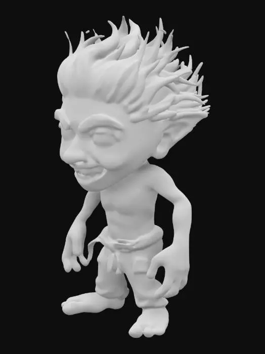3D model for The object is a , Highly Detailed, cartoonish, exaggerated old humanoid man with one head, white, wild hair, heavy brows and little beard, large expressive eyes, tree large upper teeth in slightly open mouth,elongated thin limbs, great hands, and a textured, ragged appearance to its trousers. and belt. Skinny, muscular, bare chested.