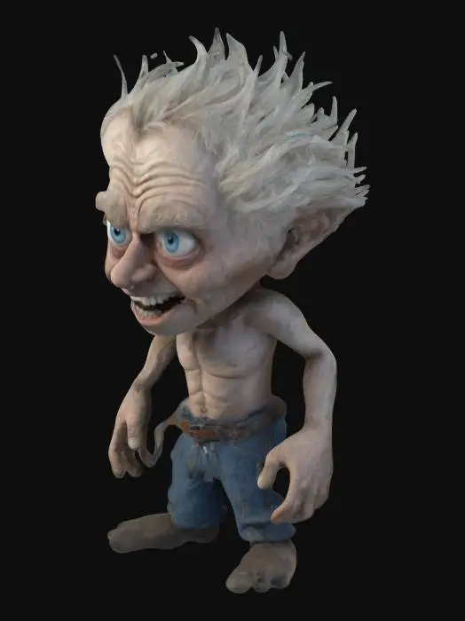 3D model for The object is a , Highly Detailed, cartoonish, exaggerated old humanoid man with one head, white, wild hair, heavy brows and little beard, large expressive eyes, tree large upper teeth in slightly open mouth,elongated thin limbs, great hands, and a textured, ragged appearance to its trousers. and belt. Skinny, muscular, bare chested.