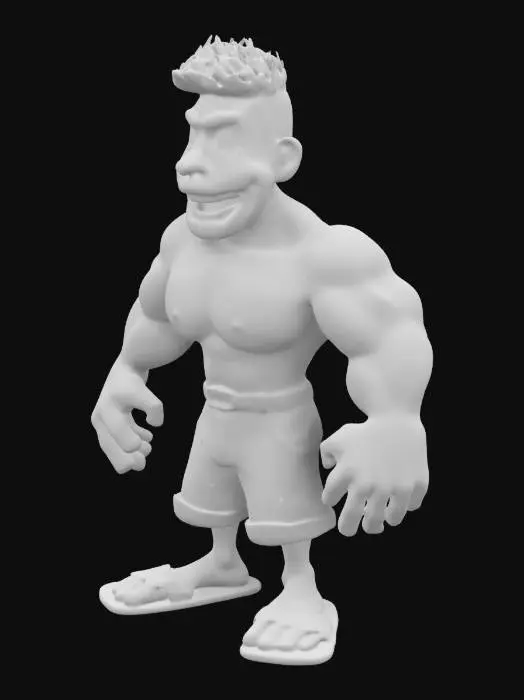 3D model for cartoon man symmetrical, one head,  very big head, small body and legs,  A-pose, disproportional hands and feet. Blond long, messy hair, exaggerated smile, exaggerated muscular, wering short jeans and blue flip-flops on feet